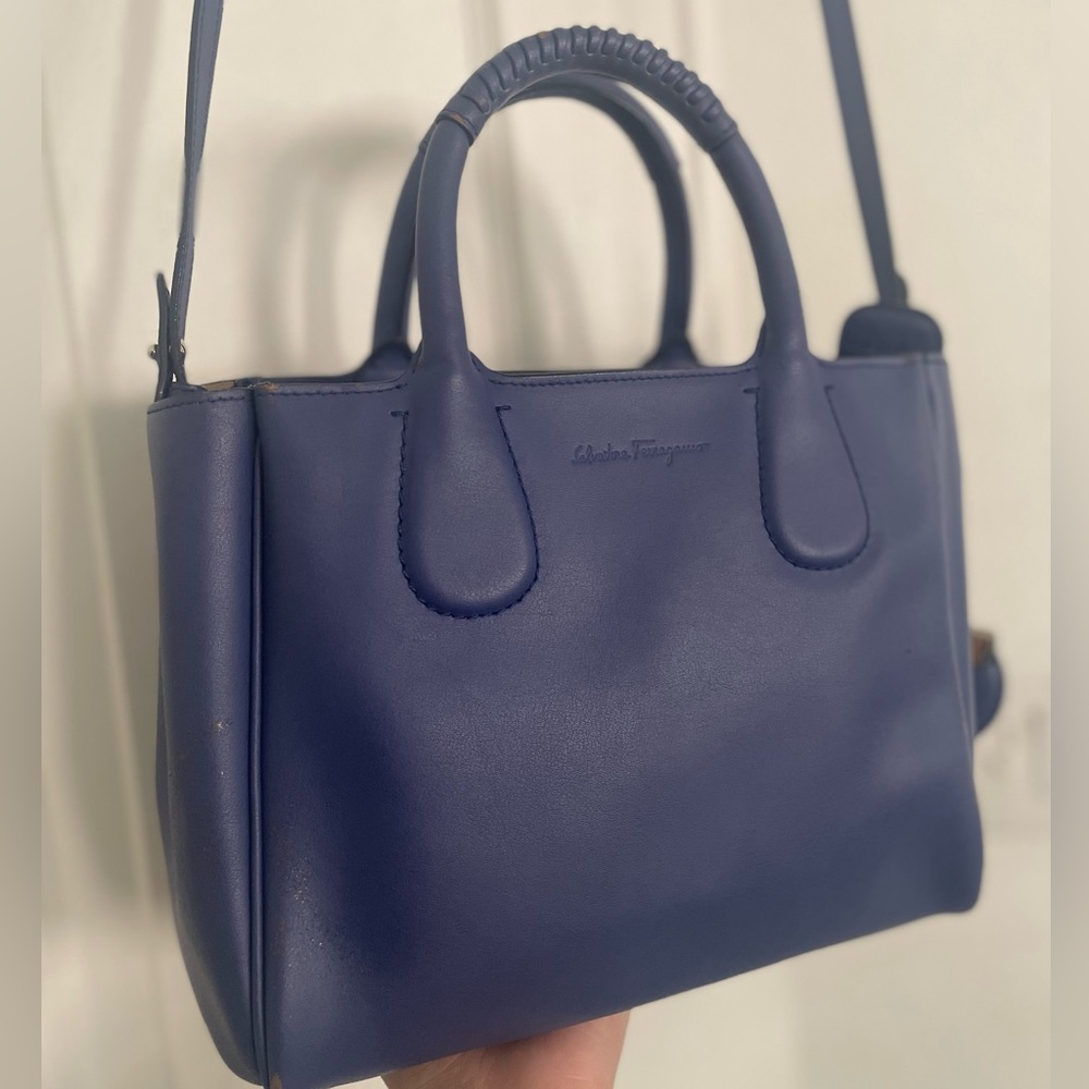 Authentic SALVATORE FERRAGAMO Calfskin Double Handle Small Nolita Satchel Blue